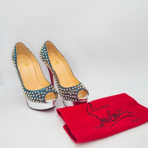 CHRISTIAN LOUBOUTIN Pumps Lady Peep Spike 150 Heels 36 Turquoise Violet Silver - Picture 3 of 10
